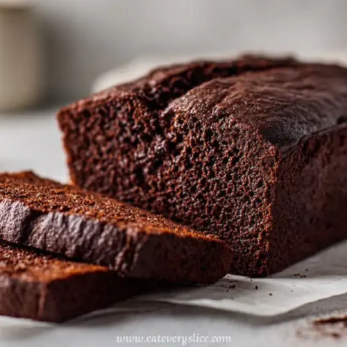 rich chocolate espresso banana bread loaf with sliced pieces on parchment