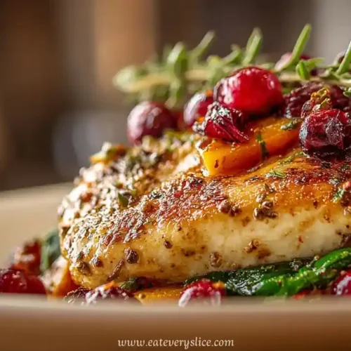 Cranberry brie stuffed chicken breast with rosemary, spinach, and whole grain mustard glaze on a white plate