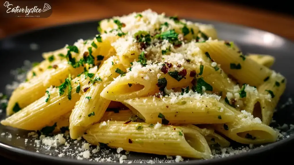 creamy garlic penne pasta with parmesan and herbs