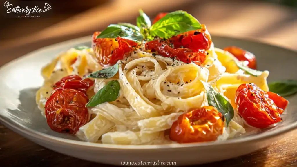 Creamy garlic pasta with roasted cherry tomatoes and fresh basil on a plate