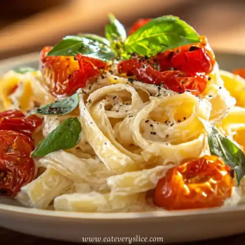 Creamy garlic pasta with roasted cherry tomatoes and fresh basil on a plate