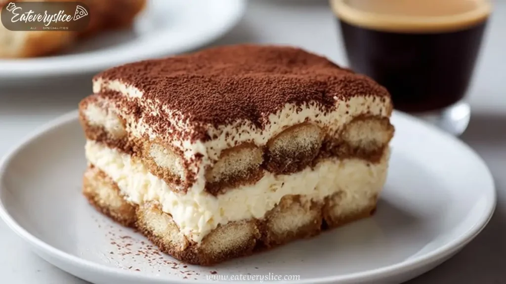 layered tiramisu slice with cocoa powder on a white plate beside espresso