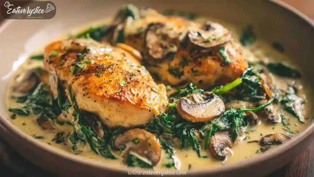 Pan-seared Tuscan chicken breasts in creamy garlic sauce with sautéed spinach and mushrooms.