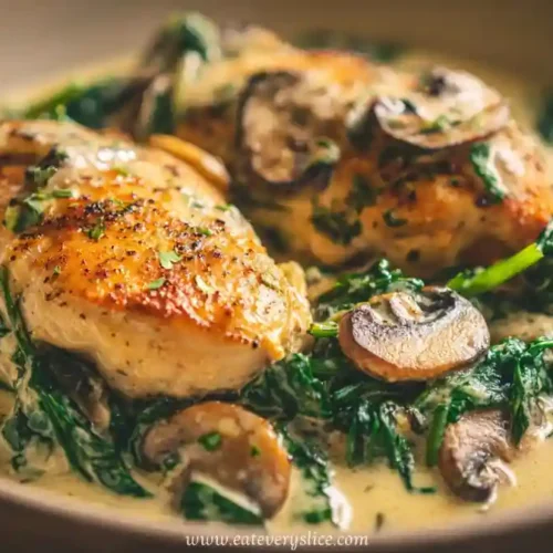Pan-seared Tuscan chicken breasts in creamy garlic sauce with sautéed spinach and mushrooms.