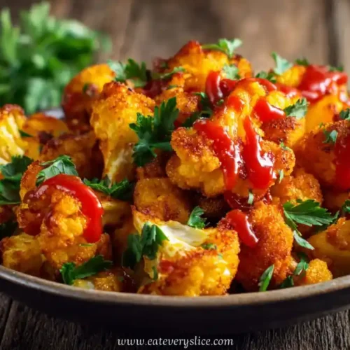 Bowl of crispy fried cauliflower florets garnished with parsley and drizzled with ketchup