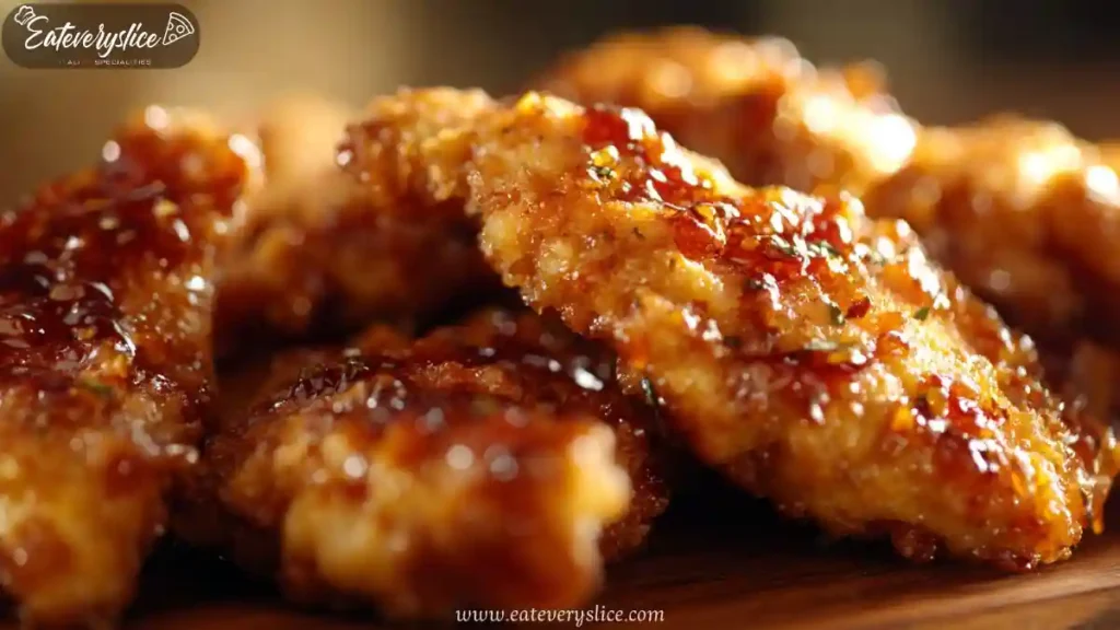 Close-up of crispy baked chicken tenders glazed in honey garlic sauce with golden texture.