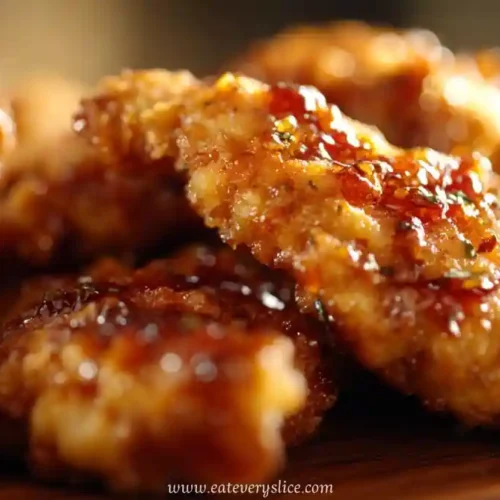 Close-up of crispy baked chicken tenders glazed in honey garlic sauce with golden texture.