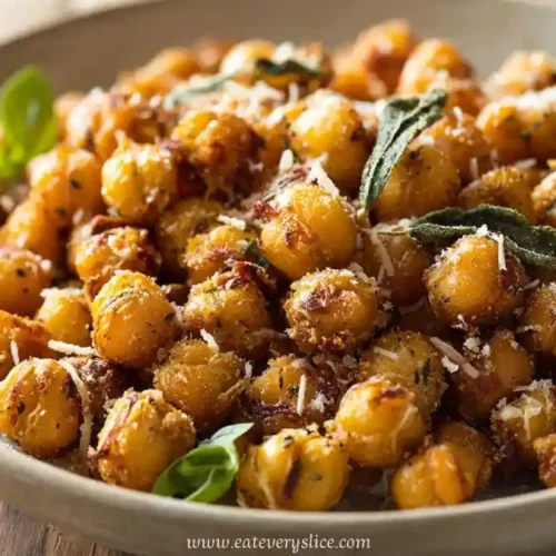 crispy roasted chickpeas with herbs, parmesan, and fresh basil in a bowl