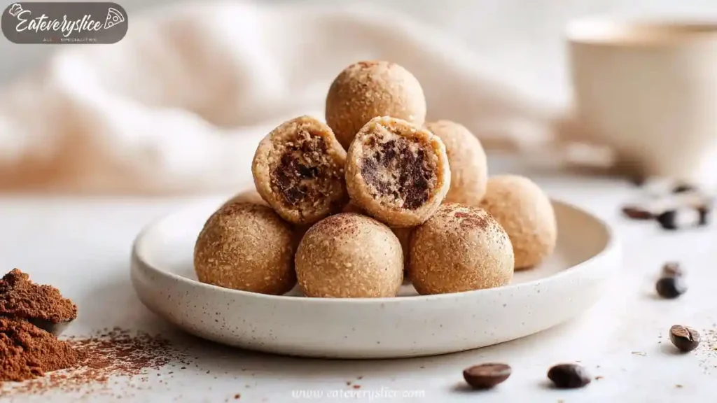 no-bake espresso almond tiramisu energy bites stacked on a white plate, dusted with cocoa powder