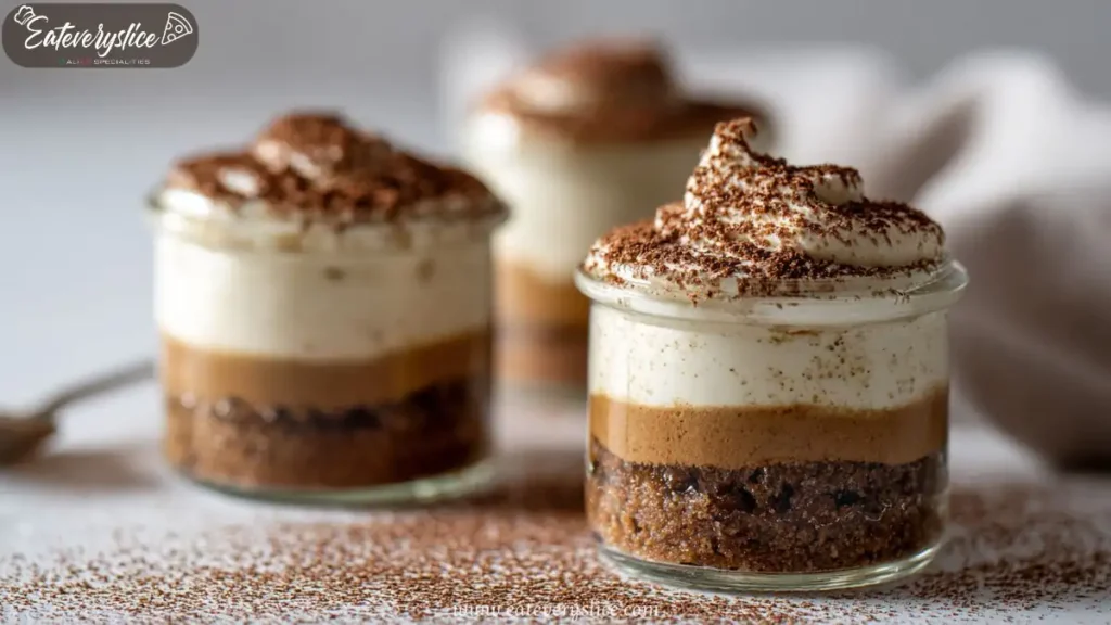 No-bake espresso cream dessert cups with cocoa and whipped layers in glass jars