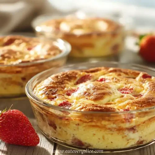 Golden-baked protein pancake bowl with fresh strawberries in glass ramekin
