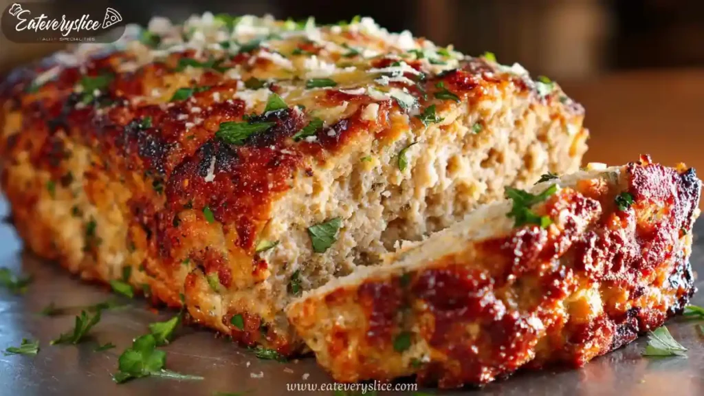 Golden-brown garlic parmesan chicken meatloaf topped with herbs and parmesan, sliced to show moist texture