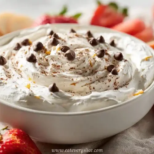 creamy high-protein cannoli dip with chocolate chips and orange zest in a white bowl, surrounded by strawberries and apple slices