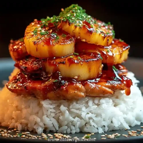 Huli Huli chicken with grilled pineapple slices glazed in sauce over steamed white rice and sesame seeds