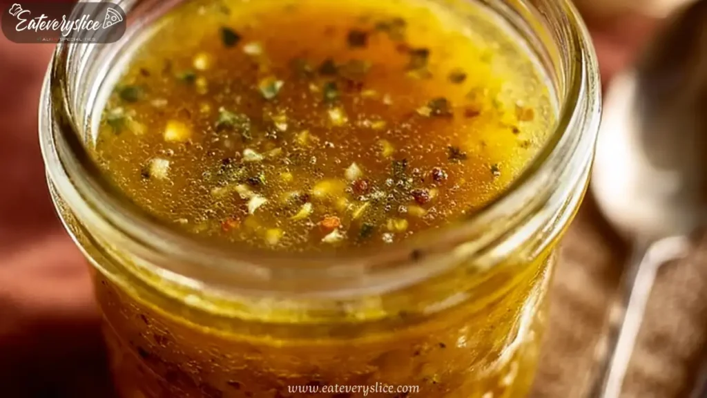 Homemade Italian dressing in a mason jar with herbs and garlic visible