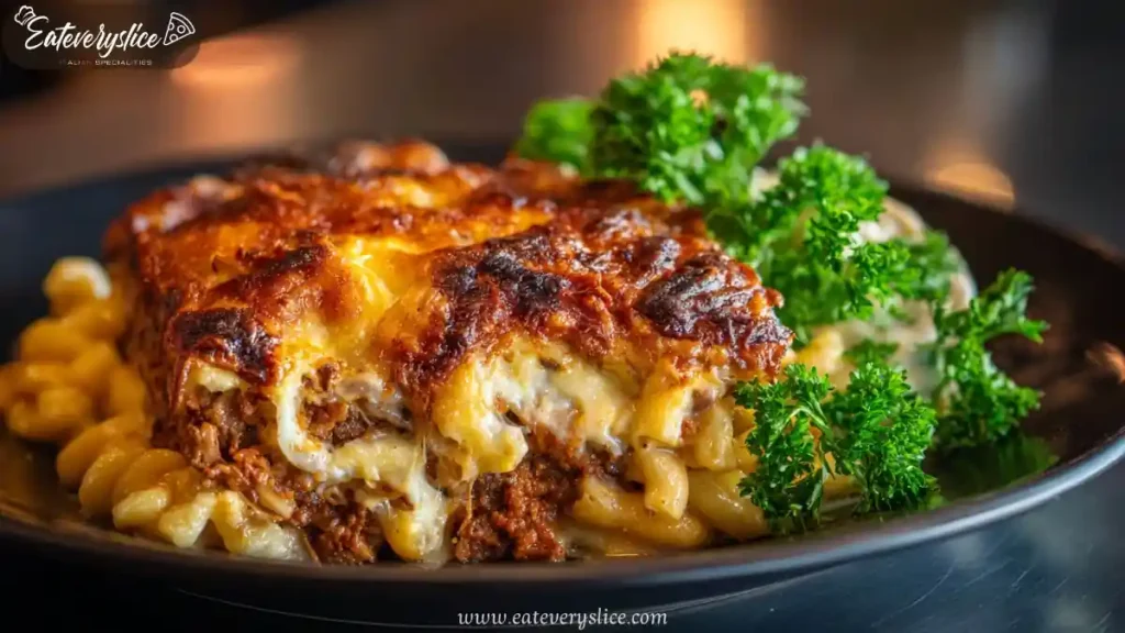 Cheesy mac and cheese meatloaf casserole slice with golden crust and fresh parsley garnish on a black plate