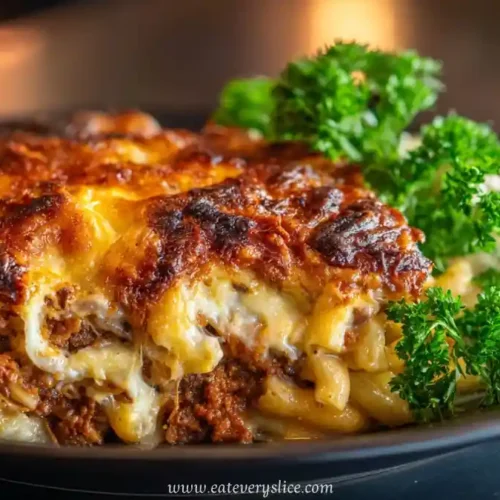 Cheesy mac and cheese meatloaf casserole slice with golden crust and fresh parsley garnish on a black plate