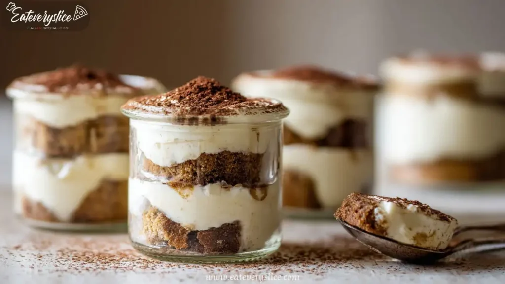 Glass cups of mascarpone yogurt tiramisu dusted with cocoa powder