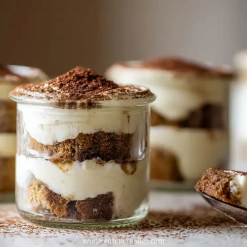 Glass cups of mascarpone yogurt tiramisu dusted with cocoa powder