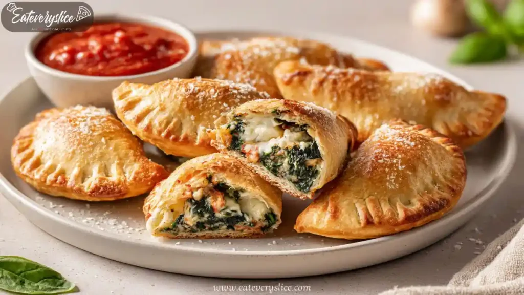 golden baked spinach ricotta calzones with melted cheese filling, served on a white plate with marinara sauce