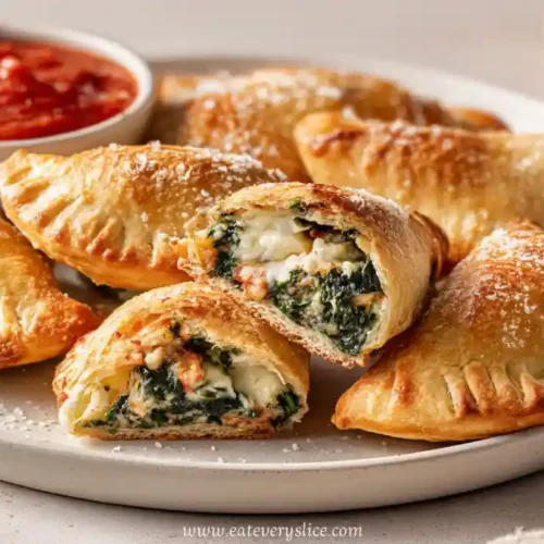 golden baked spinach ricotta calzones with melted cheese filling, served on a white plate with marinara sauce