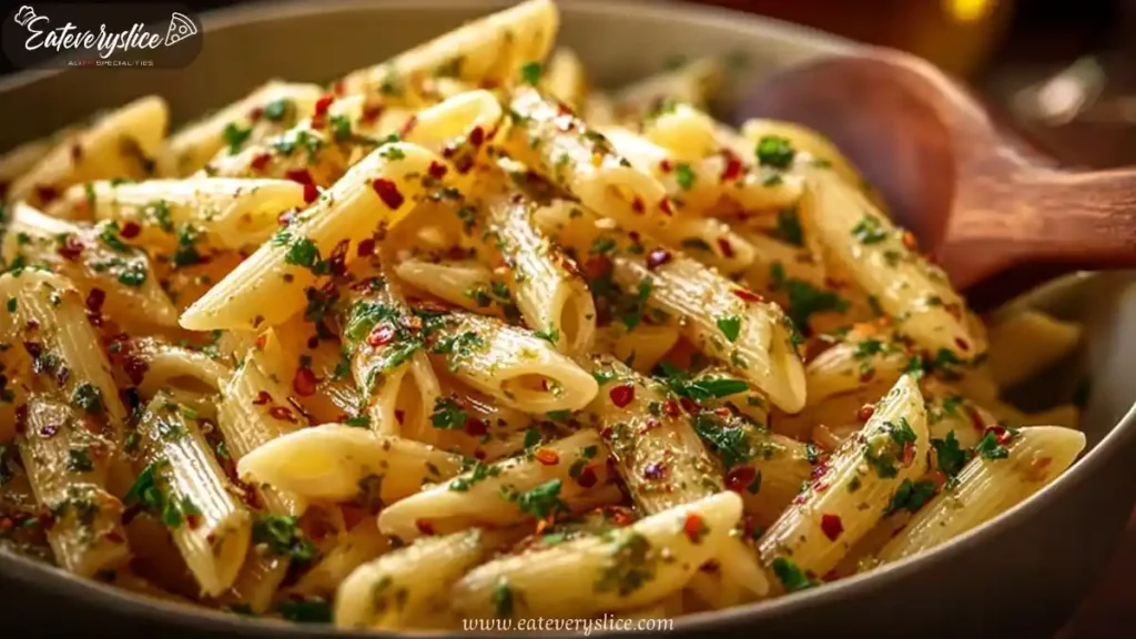 Penne pasta with garlic olive oil sauce, garnished with chili flakes and parsley