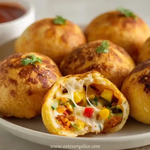 Tawa-cooked pizza bombs with melted cheese and vegetables on a ceramic plate