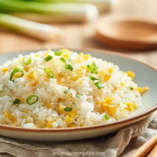 Plate of garlic fried rice with egg and scallions, served on a beige napkin with wooden spoons