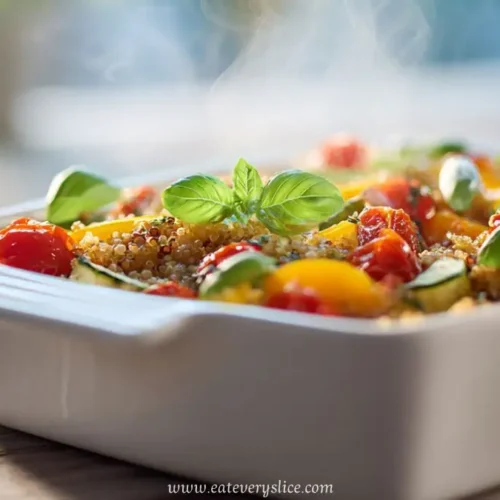 baked quinoa casserole with cherry tomatoes, zucchini, and fresh basil in a white dish