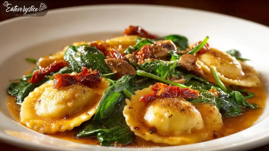 Spinach ravioli with sun-dried tomatoes, sautéed mushrooms, and brown butter sauce on a white plate