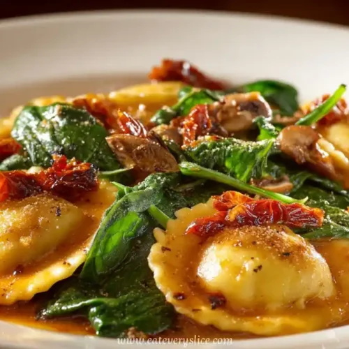 Spinach ravioli with sun-dried tomatoes, sautéed mushrooms, and brown butter sauce on a white plate