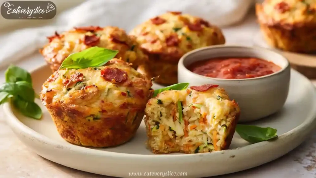 savory zucchini pizza muffins with vegetables and cheese, served with marinara sauce on a ceramic plate