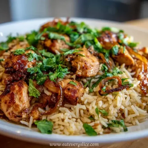 juicy shawarma chicken over spiced rice topped with caramelized onions and fresh herbs