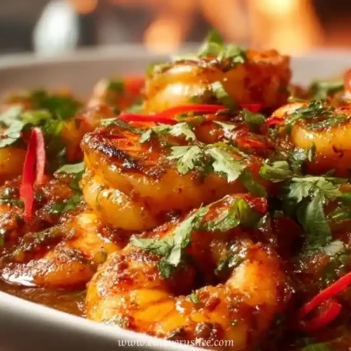 Cajun garlic butter shrimp with red chili, herbs, and sizzling sauce in a white bowl
