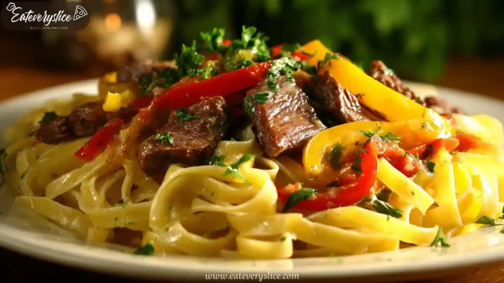 Linguine pasta with seared steak strips, red and yellow bell peppers, cowboy butter sauce, and herbs
