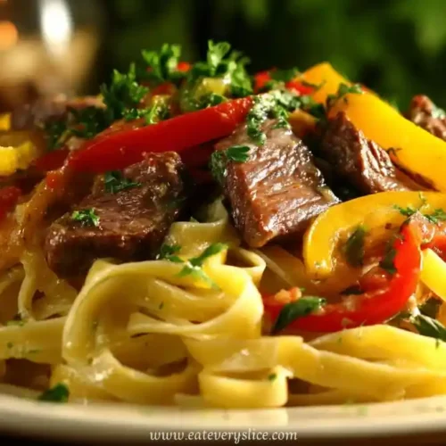 Linguine pasta with seared steak strips, red and yellow bell peppers, cowboy butter sauce, and herbs
