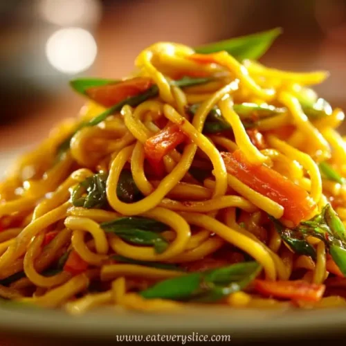 Stir-fried noodles with colorful bell peppers and green onions on a white plate