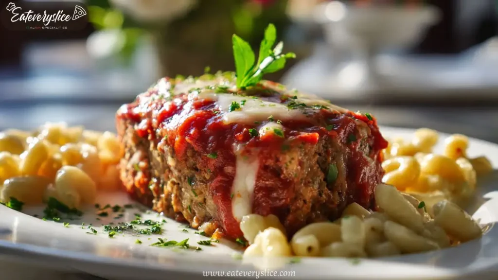 stuffed italian meatloaf with tomato sauce and macaroni