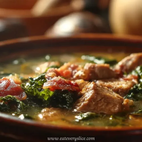 tuscan soup with beef kale and tomatoes in rustic bowl