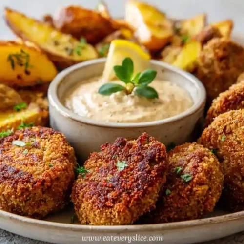 Crispy vegan burger patties with roasted potato wedges and creamy dipping sauce