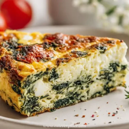 slice of baked veggie and feta quiche on a beige plate with herbs