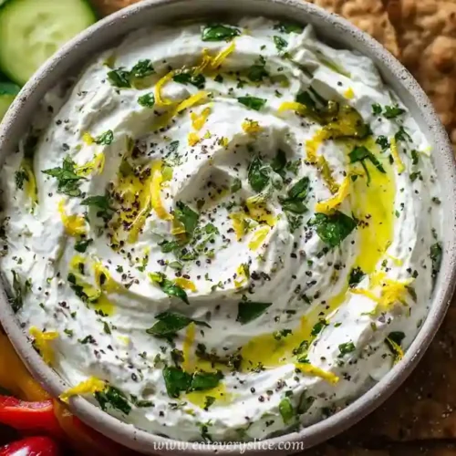 creamy whipped ricotta dip topped with lemon zest, herbs, olive oil, served with crackers and fresh vegetables