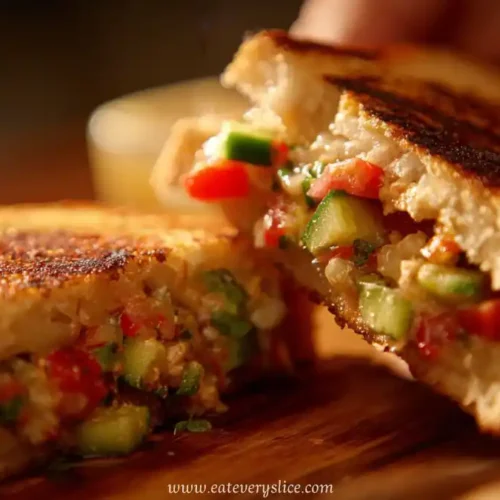 Close-up of grilled yogurt sandwich filled with diced cucumbers, tomatoes, and herbs
