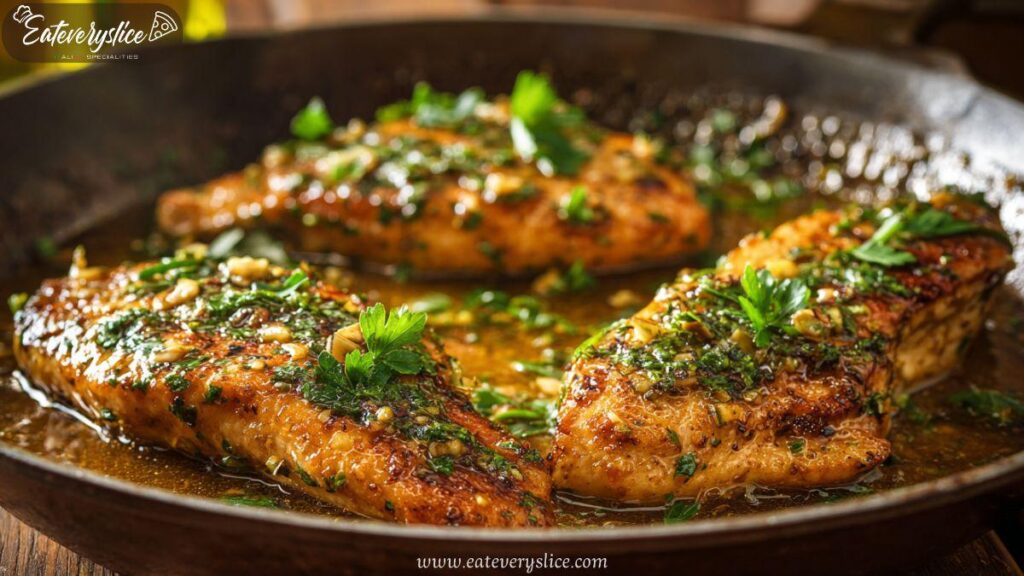 Seared honey garlic chicken breasts in skillet with herbs and garlic butter sauce