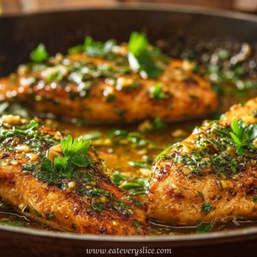 Seared honey garlic chicken breasts in skillet with herbs and garlic butter sauce
