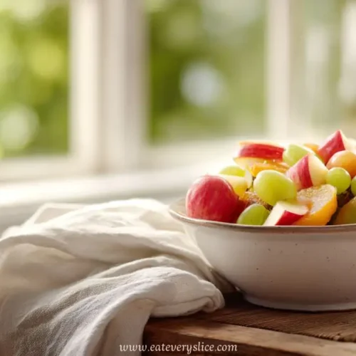 bowl of fresh apple and grape fruit salad on wooden table by a window with white linen