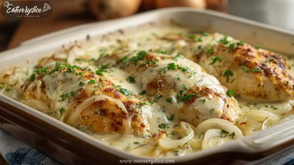 Golden baked chicken breasts in creamy sour cream and onion sauce garnished with parsley in a ceramic dish