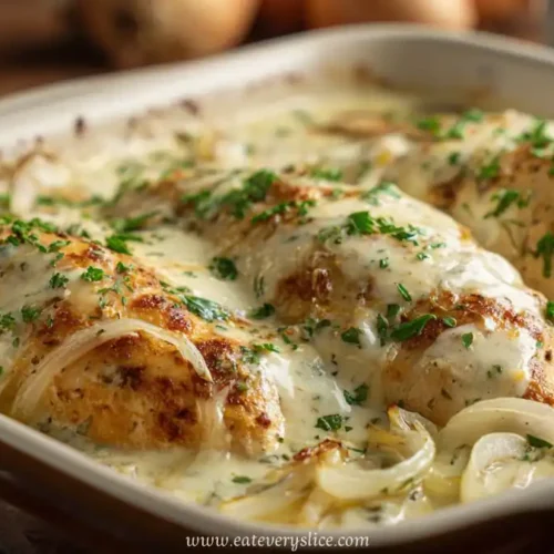 Golden baked chicken breasts in creamy sour cream and onion sauce garnished with parsley in a ceramic dish