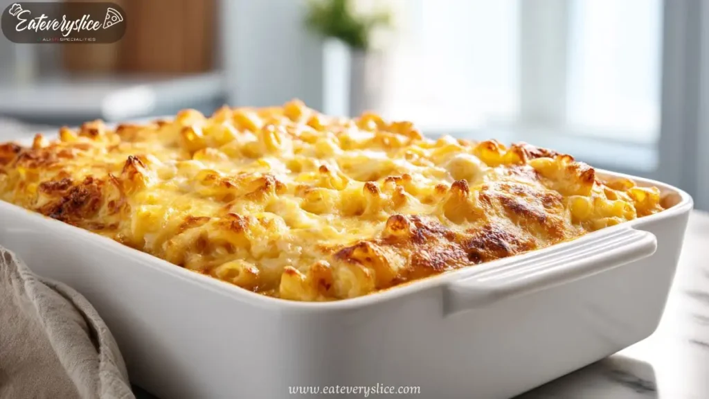 Golden-baked macaroni and cheese in a white ceramic dish, fresh from the oven