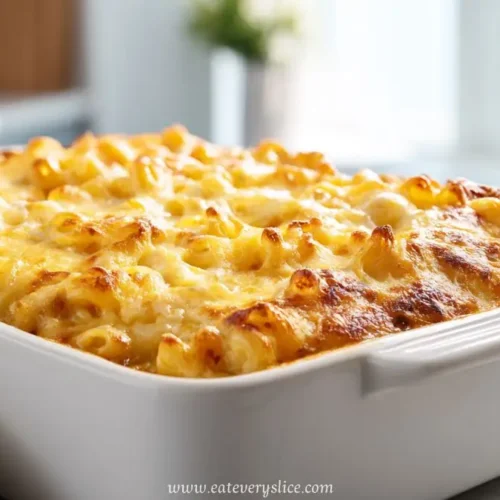 Golden-baked macaroni and cheese in a white ceramic dish, fresh from the oven